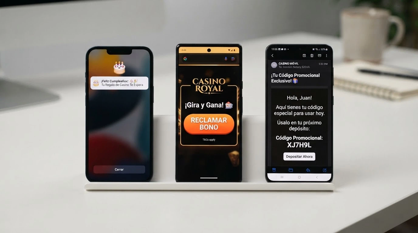 Tres pantallas de móvil mostrando la sección de promociones de un casino: una con una notificación automática de «feliz cumpleaños», otra con un botón de «reclamar bono» y una tercera con un email abierto que contiene un código promocional.