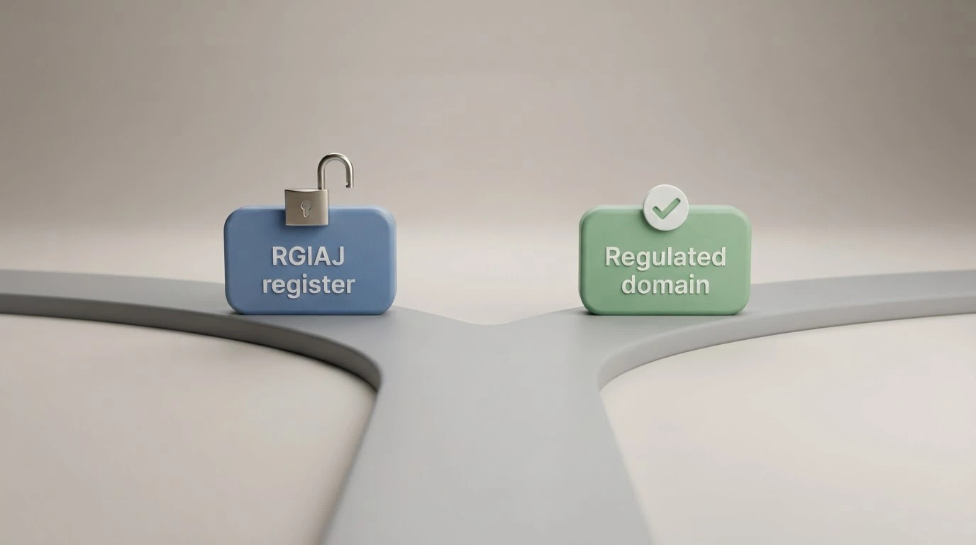 Camino que se bifurca: a la izquierda el icono del RGIAJ con un candado abierto, a la derecha el dominio .es con una marca de verificación