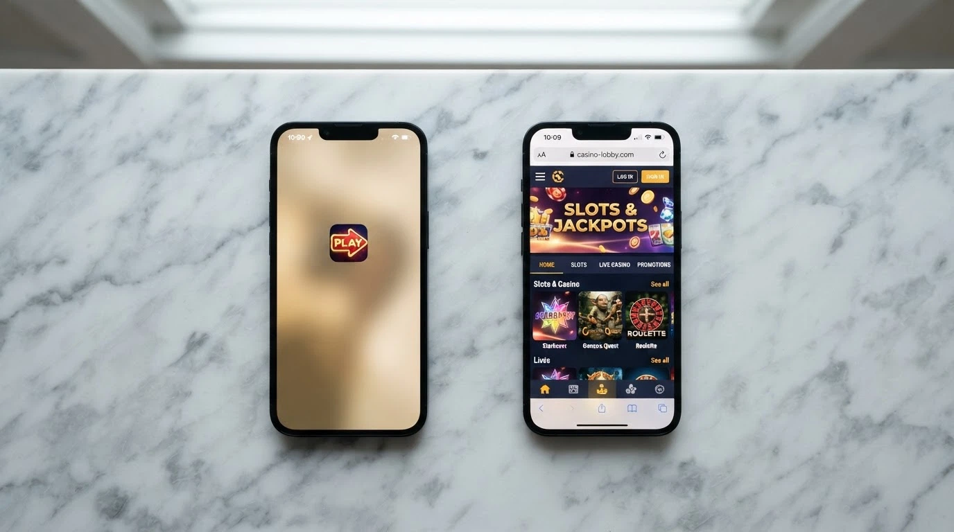 Dos teléfonos idénticos lado a lado: uno muestra el icono de una app de casino en la pantalla de inicio y el otro muestra el mismo casino cargado en el navegador Chrome