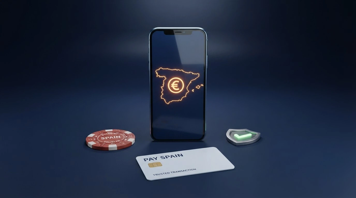 Un mapa conceptual con los elementos clave del ecosistema Apple Pay en el casino online español: dispositivo iPhone, sello DGOJ, fichas de casino y el logo de Apple Pay.
