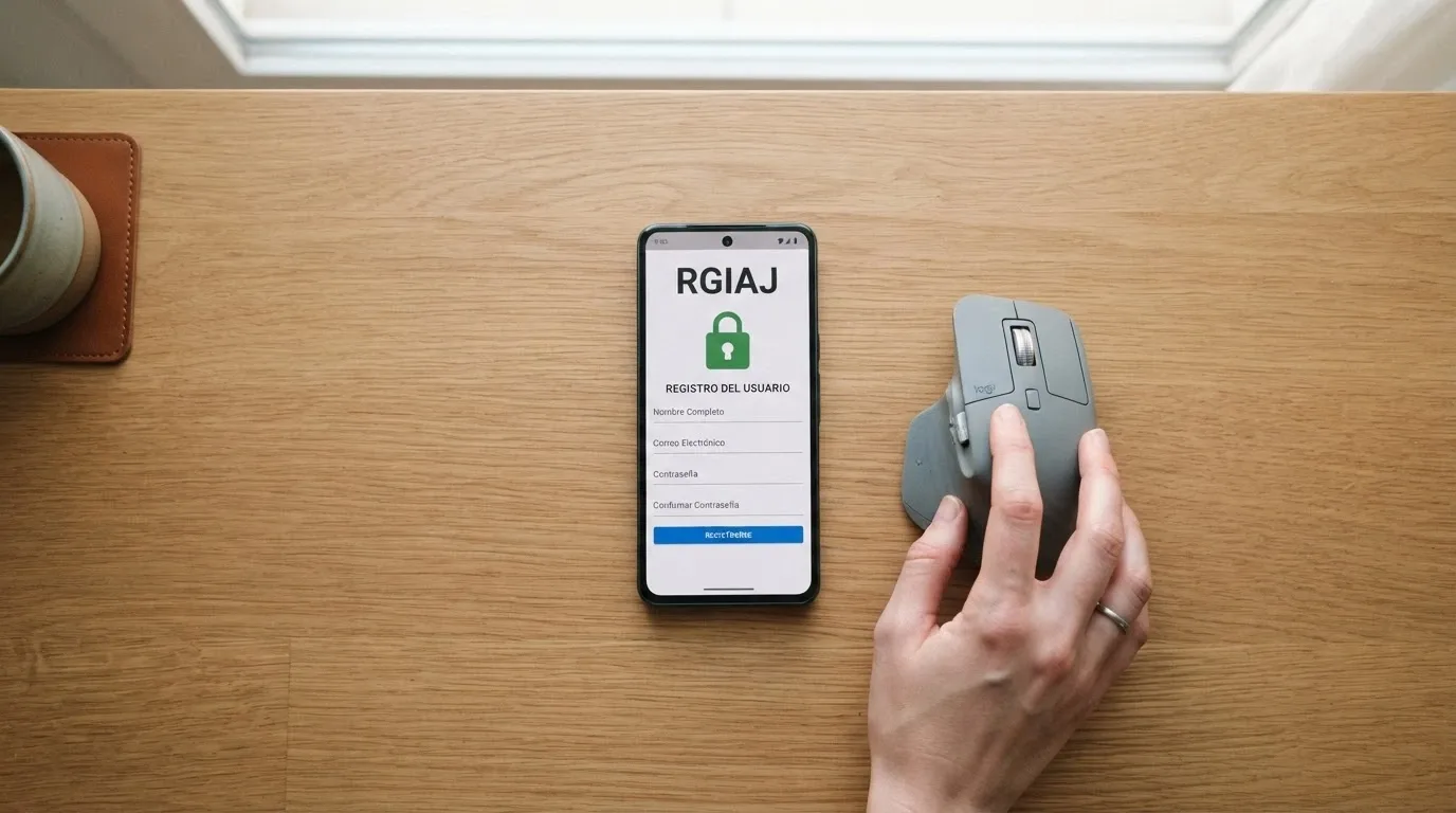 Una persona apartando la mano de un ratón de ordenador, con un formulario en pantalla que muestra la inscripción en el RGIAJ y un candado verde