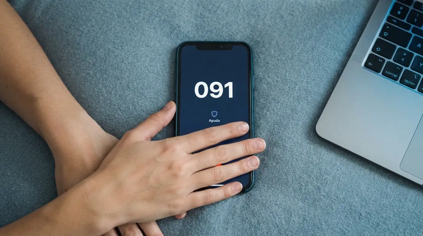 Una mano apoyada con calma sobre un teléfono móvil que muestra un número de ayuda en pantalla, junto a un teclado con las teclas de límite y autoexclusión visibles, en un entorno de tonos azules serenos