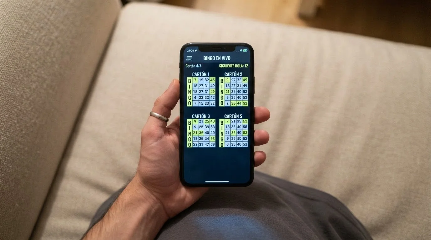 Una mano sosteniendo un teléfono móvil en vertical con una partida de bingo online activa, los cuatro cartones adaptados al formato de pantalla pequeña