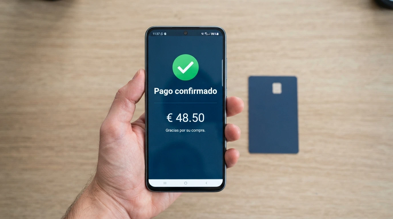 Un teléfono mostrando la app de Bizum con el logo reconocible y el mensaje de pago enviado, sobre la mesa junto a una tarjeta bancaria