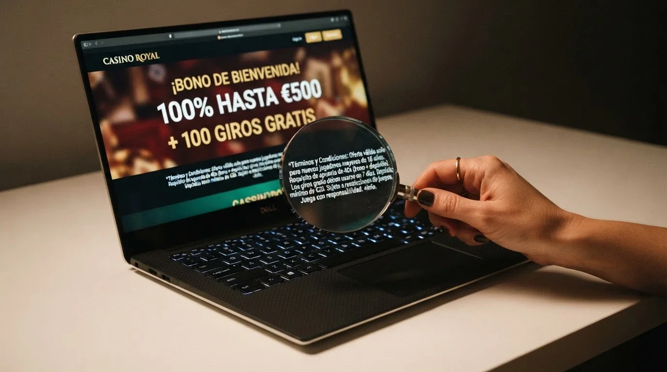 Un primer plano de una pantalla de casino donde un bono de 200 € se muestra junto a la letra pequeña del wagering (x30), con una lupa que amplía la condición.