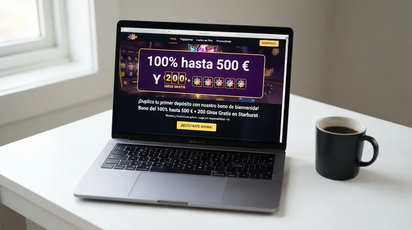 Pantalla de bienvenida de un casino online con la oferta del 100% hasta 500 € y el contador de tiradas gratis