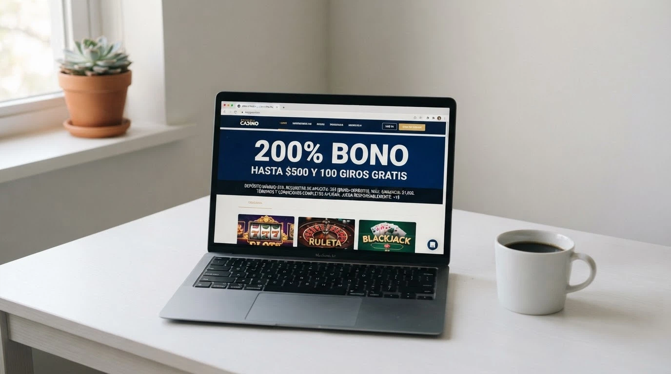 Pantalla de bienvenida de un casino online con una oferta de bono de primer depósito destacada en la parte superior
