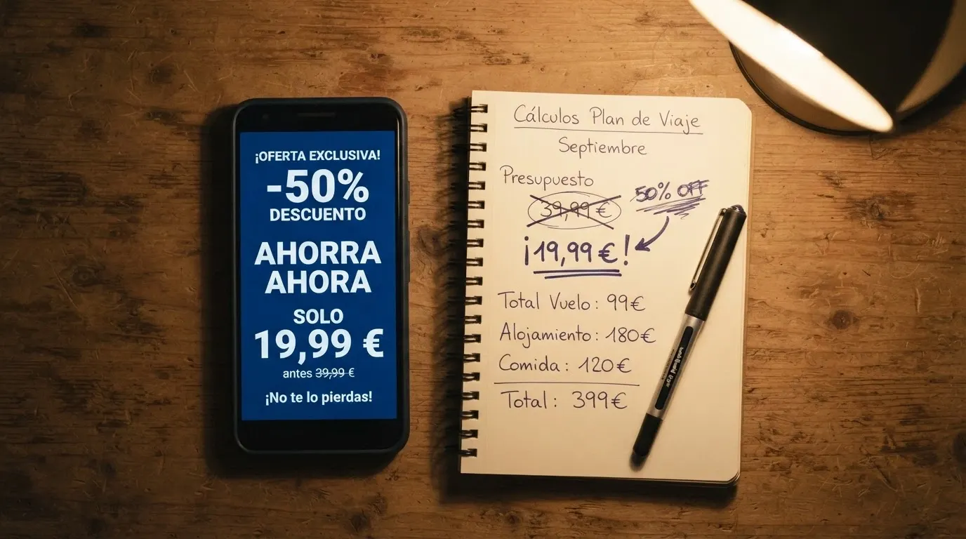 Un teléfono mostrando una pantalla de bono de bienvenida con cifras destacadas, junto a un bloc de notas donde aparece tachado el importe inicial y corregido a la baja tras aplicar el requisito de apuesta