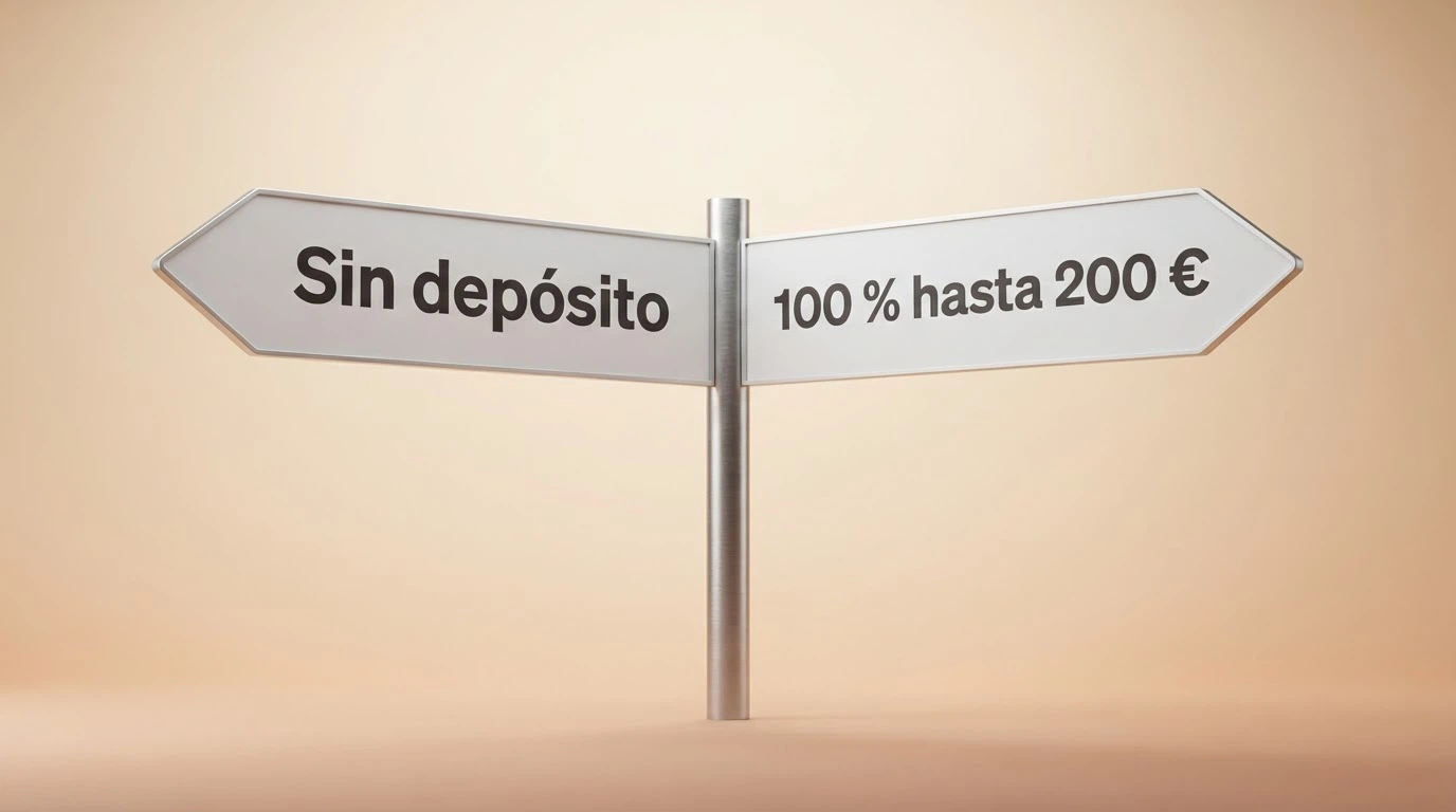Dos caminos que se bifurcan: un cartel de «sin depósito» y otro de «100 % hasta 200 €»