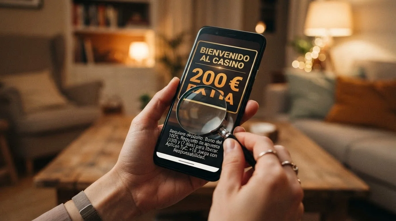 Primer plano de un móvil mostrando la pantalla de «bono de bienvenida 200 €» con una lupa sobre la letra pequeña que revela «rollover x30» y «validez 7 días»