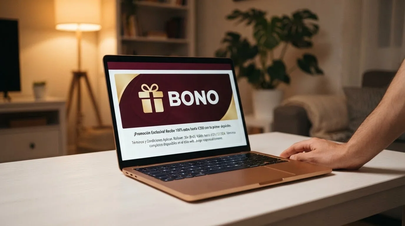 Pantalla de promoción de un bono sin depósito con las condiciones de rollover y validez visibles en letra pequeña