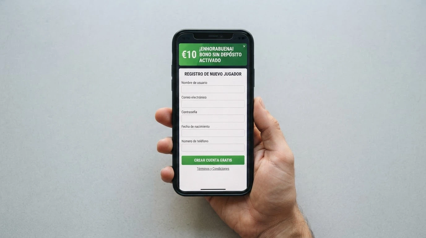 Teléfono móvil mostrando la pantalla de registro de un casino online con la notificación de un bono sin depósito activado