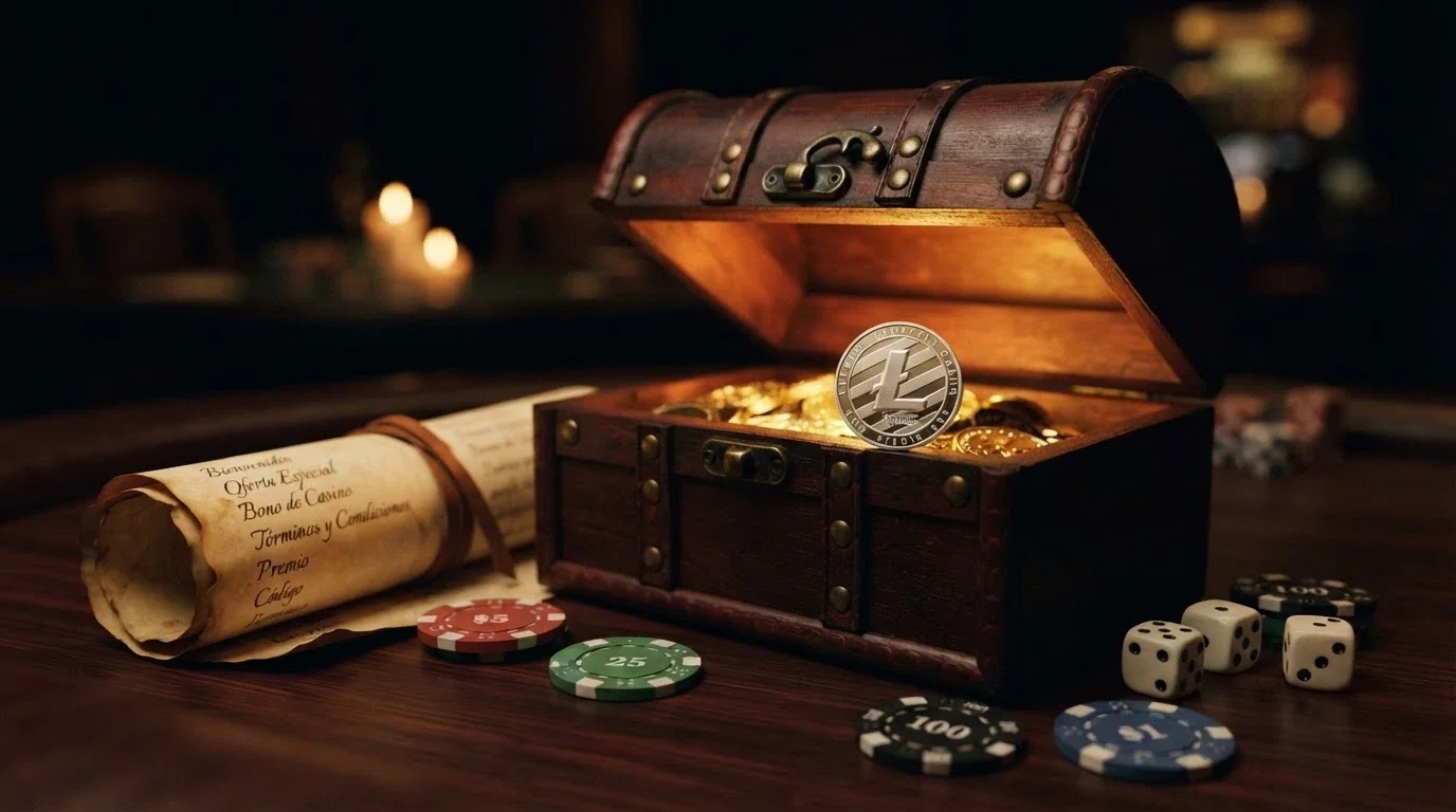 Un cofre del tesoro entreabierto con el logo de Litecoin, del que asoman fichas de casino y un documento enrollado con texto de condiciones en letra pequeña
