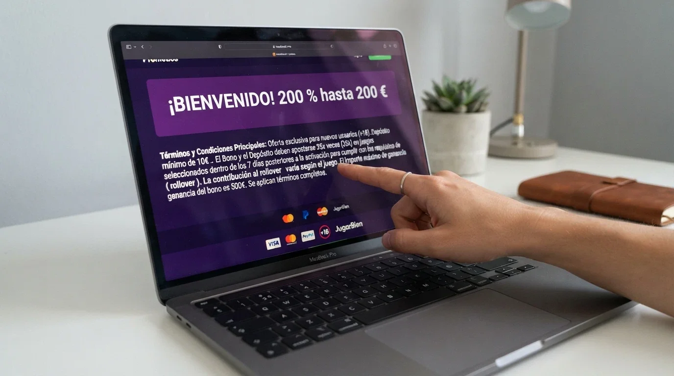 Primer plano de una pantalla con la sección de promociones de un casino online, mostrando el importe del bono en grande y las condiciones en letra más pequeña debajo