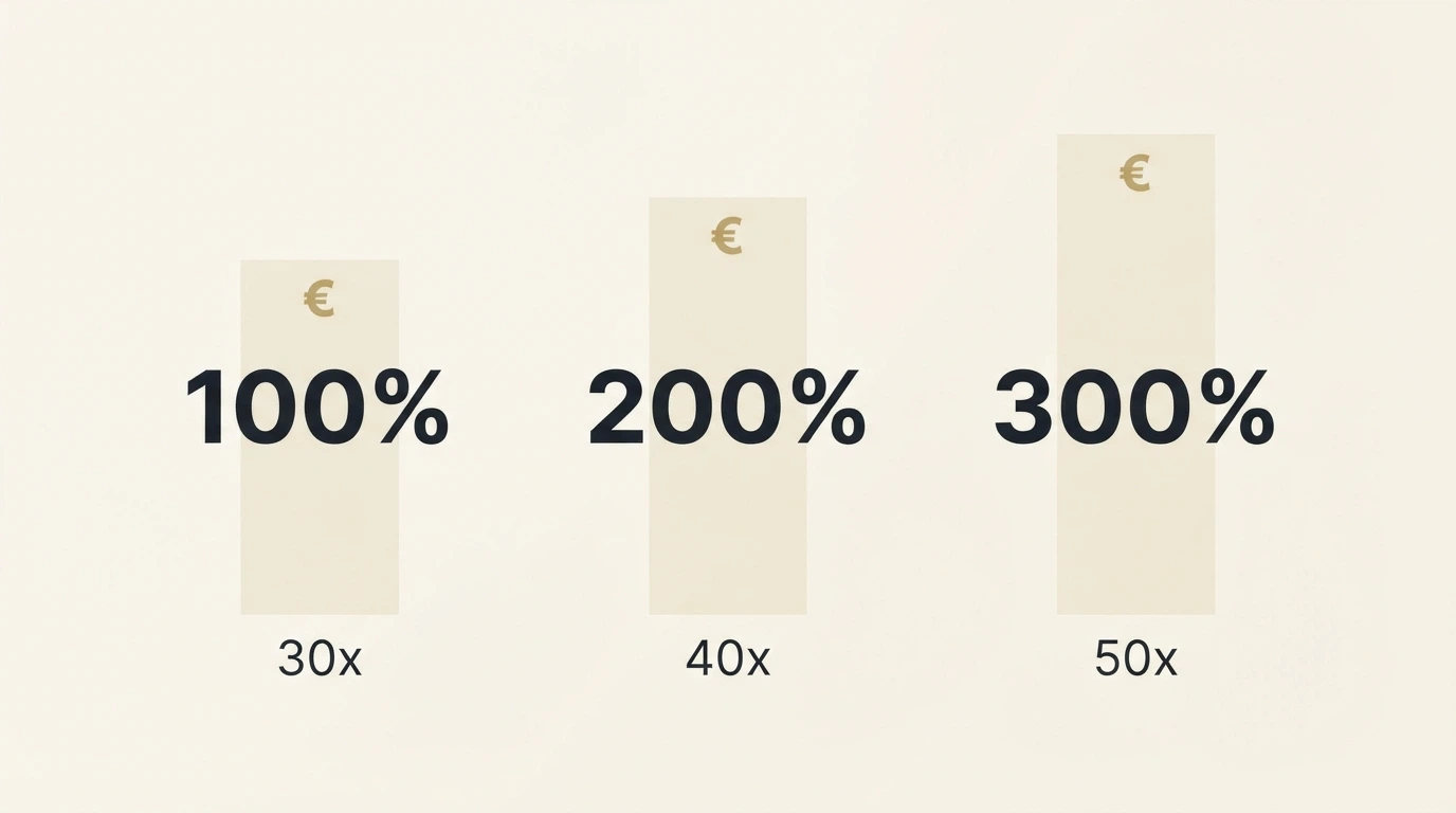Alt: Comparativa visual de tres ofertas de bono de bienvenida con Dogecoin: porcentaje, importe máximo y requisito de apuesta