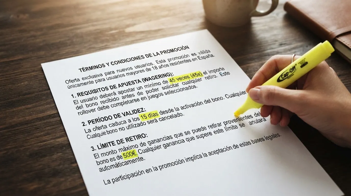 Primer plano de los términos de un bono sin depósito con las cifras de rollover, vigencia y ganancia máxima subrayadas