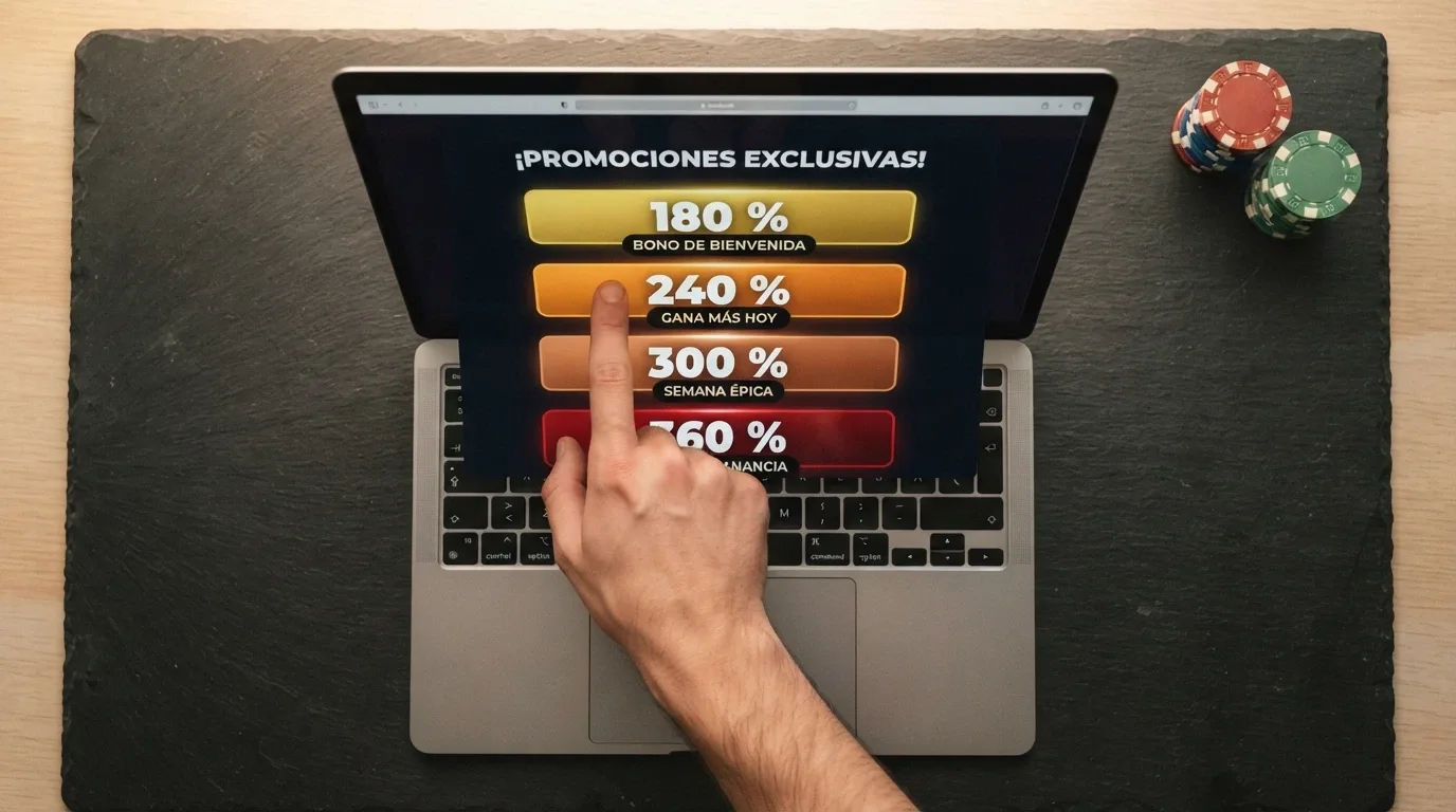 Interfaz de un casino online mostrando un bono de bienvenida escalonado con porcentajes 180%, 240%, 300% y 360% para depósitos con criptomonedas