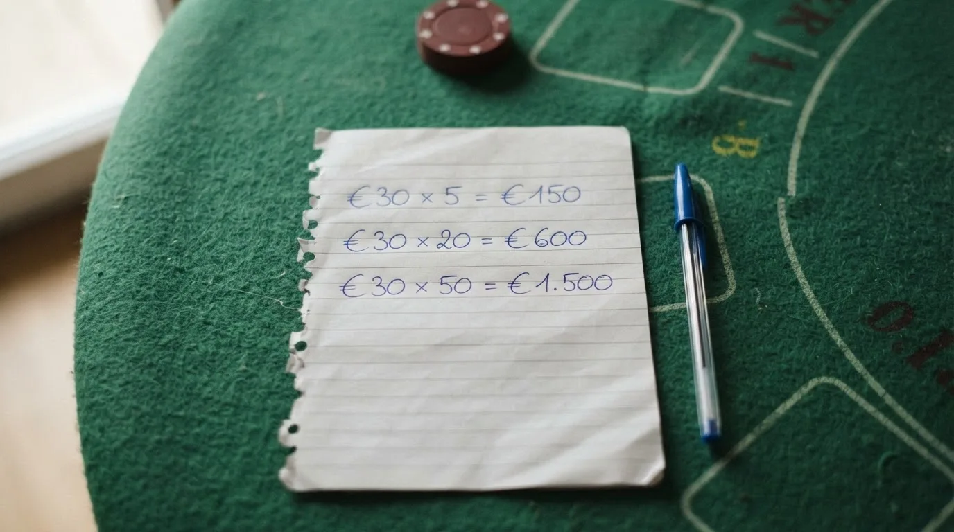 Una calculadora sobre una mesa de juego con un boli y una hoja donde se multiplica una cifra de bono por x20, x40 y x50