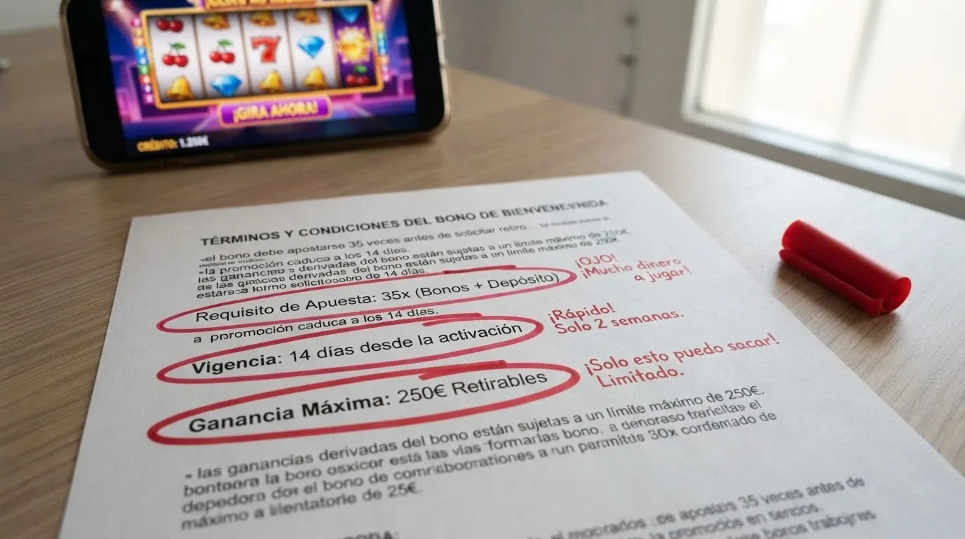 Primer plano de unos términos y condiciones con las cifras de rollover, plazo y ganancia máxima subrayadas sobre un fondo de pantalla de slot