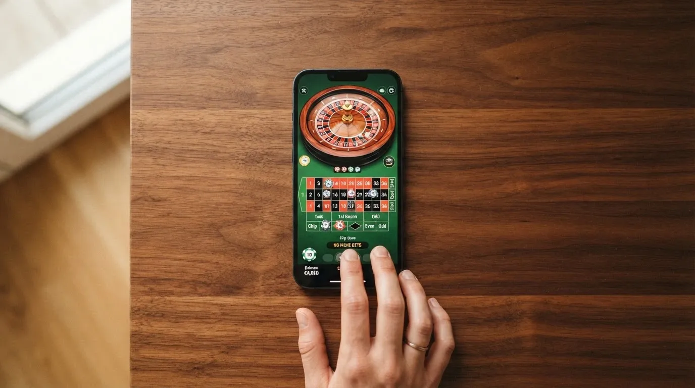 Un jugador sosteniendo un teléfono móvil con la interfaz de ruleta en vivo de Evolution Gaming adaptada a pantalla táctil vertical