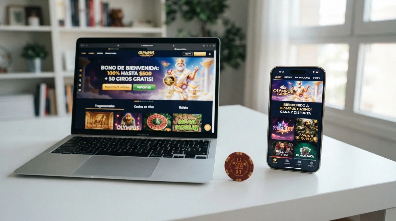 Dos dispositivos mostrando la misma oferta de bono: un smartphone con la app de un casino DGOJ y un portátil con el navegador abierto