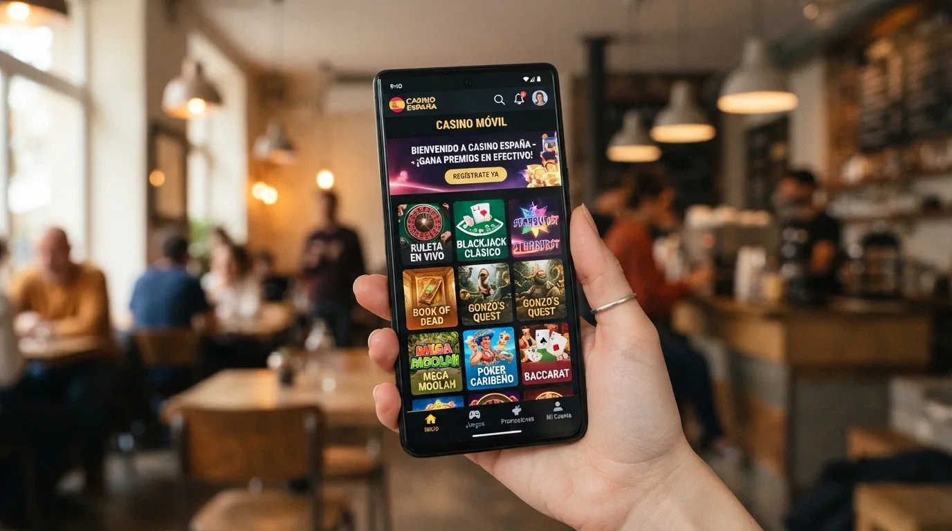 Teléfono móvil sostenido en la mano mostrando un casino online con criptomonedas en el navegador web