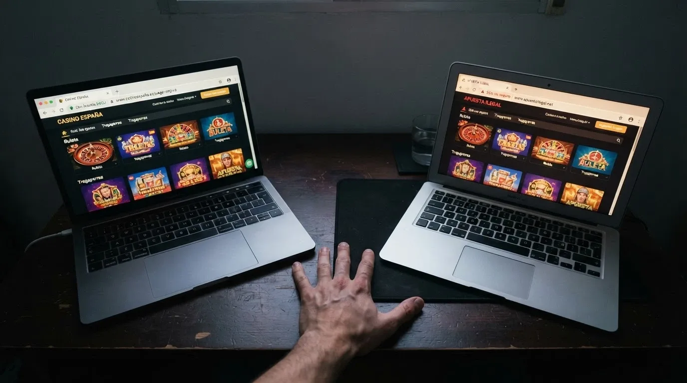Dos pantallas de casino online contrapuestas: una con dominio .es y sellos de seguridad, otra con dominio extranjero y sin distintivo DGOJ