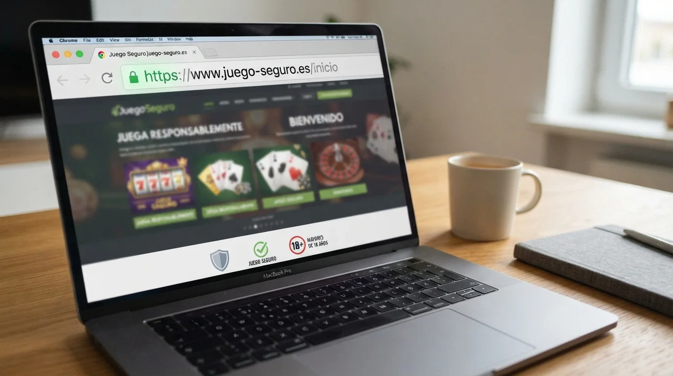 Candado de seguridad junto al dominio .es en la barra del navegador, con la página de un casino online de fondo y los logos de juego responsable visibles en el pie