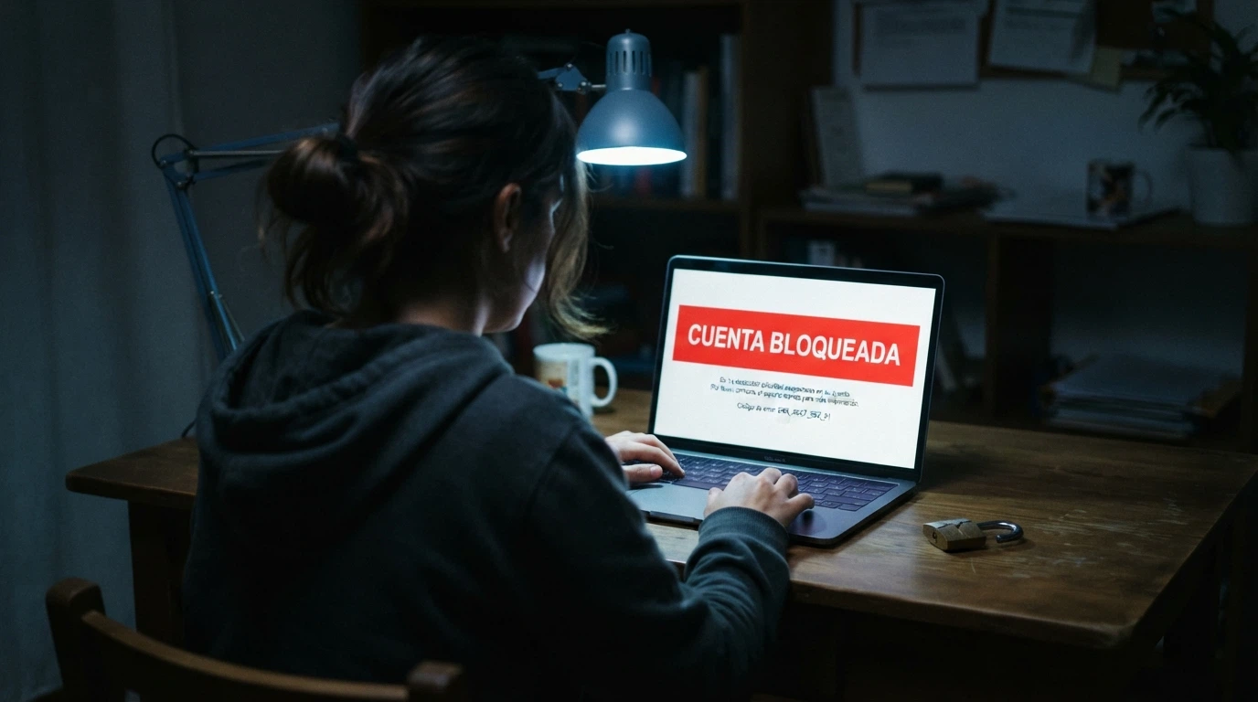 Un jugador frente a una pantalla que muestra un aviso de cuenta bloqueada en un sitio sin el dominio .es, con un candado roto