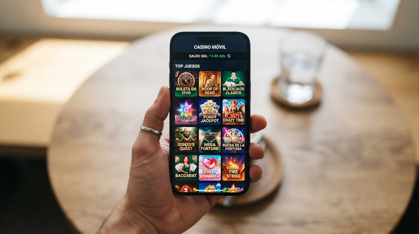 Mano sosteniendo un teléfono móvil en vertical con la pantalla de un casino online abierta, mostrando el saldo en SOL y miniaturas de slots en la parrilla de juegos