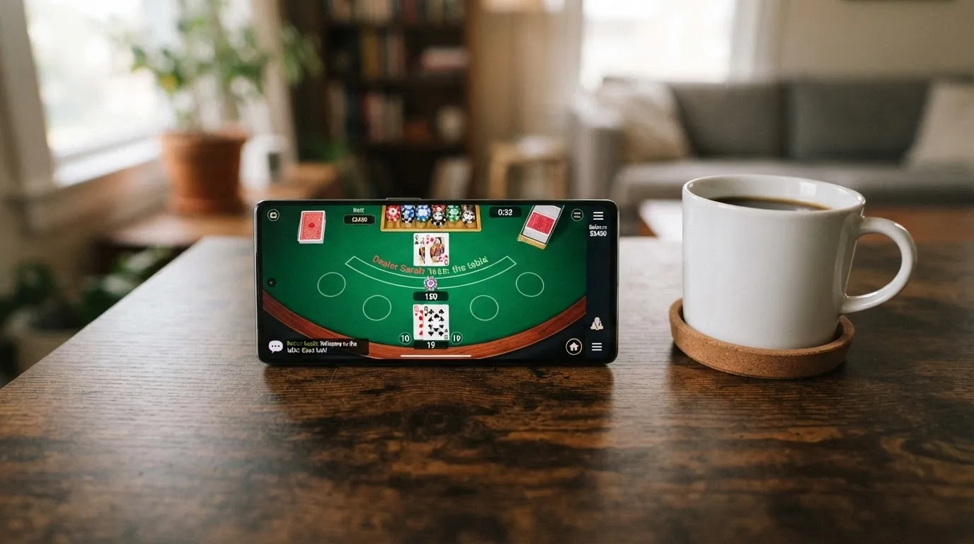 Teléfono móvil en posición horizontal mostrando una mesa de blackjack en vivo con el chat del crupier visible y las fichas de apuesta en pantalla