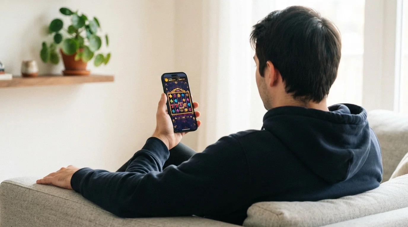 Teléfono móvil en mano mostrando un casino online con saldo en XRP y una tragaperras a pantalla completa