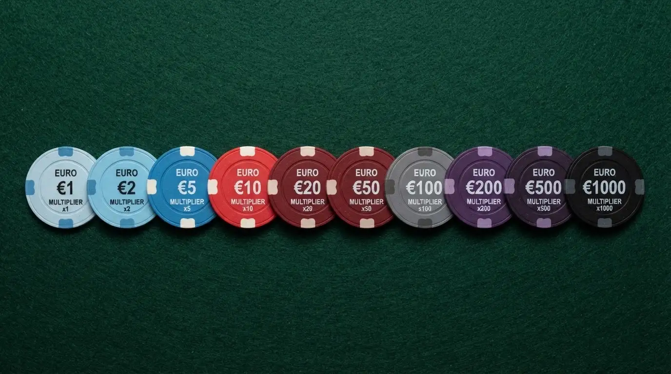 Diez fichas de casino alineadas con cantidades en euros y multiplicadores de rollover, ordenadas de menor a mayor requisito de apuesta
