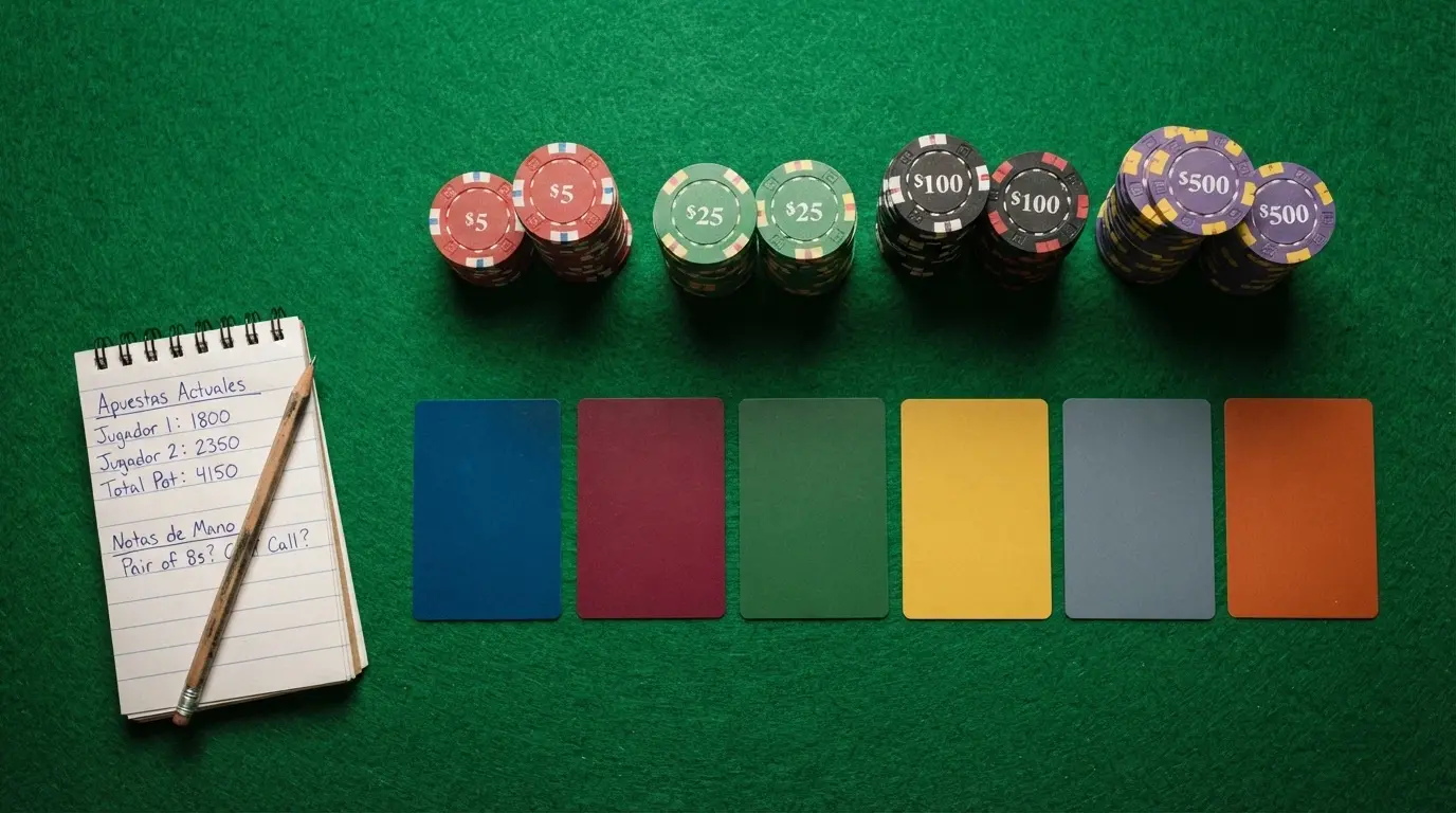 Una tabla comparativa sobre una mesa de juego con fichas de colores y tarjetas con los nombres de los casinos destacados