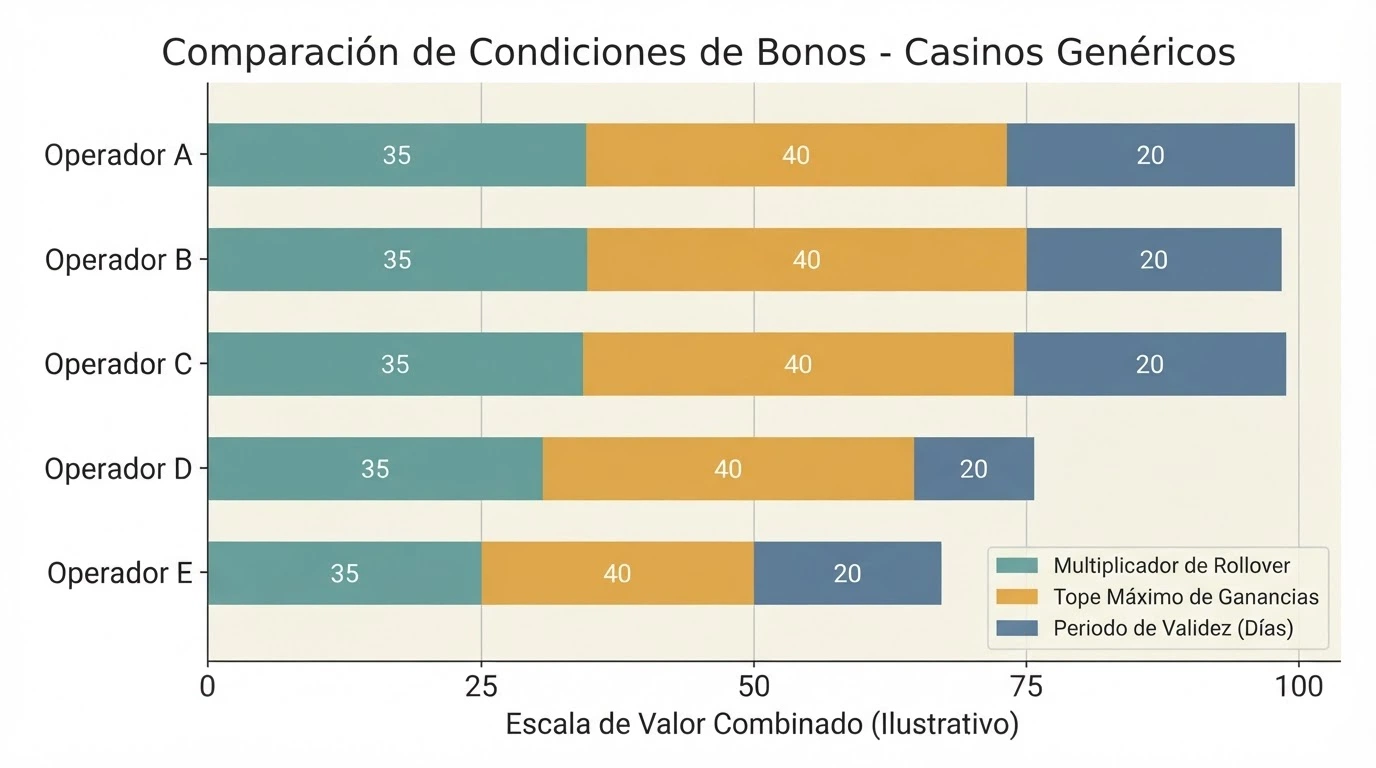 Tabla comparativa con las condiciones de varios bonos sin depósito en casinos online españoles