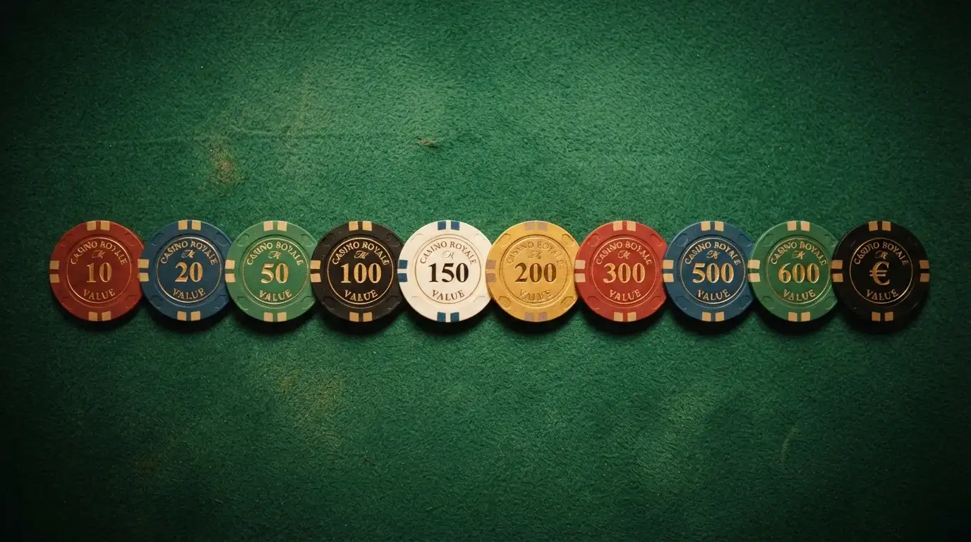 Diez fichas de casino alineadas sobre un tapete verde, cada una con el nombre de un operador y una cifra de bono diferente grabada en dorado