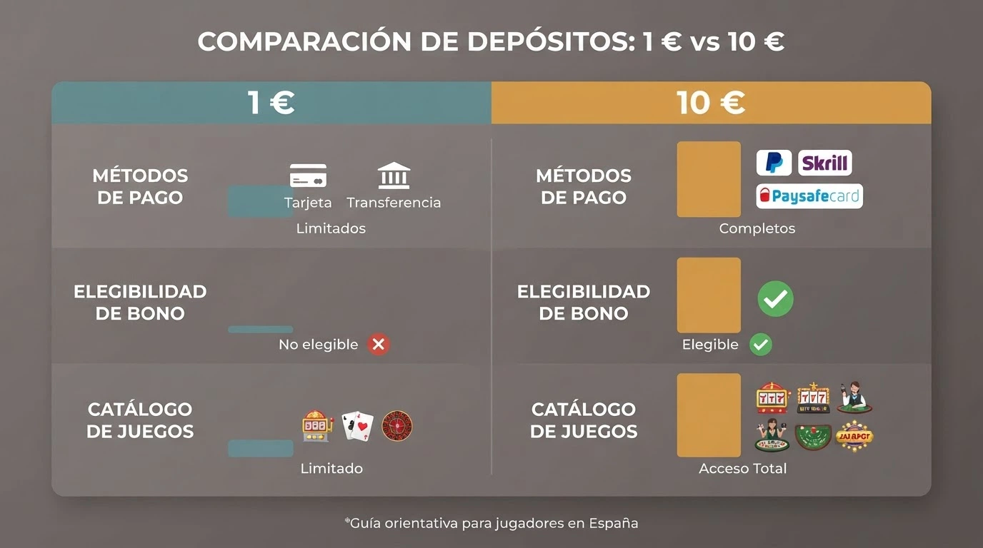 Interfaz de una tabla comparativa con logotipos de casinos españoles junto a las columnas de depósito mínimo y método de pago