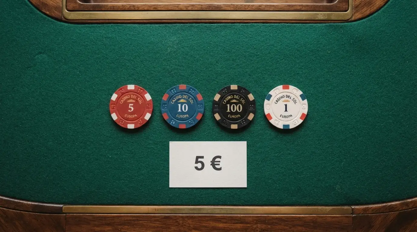 Varias fichas de casino con el importe de 5€ sobre ellas, ordenadas sobre una mesa de juego