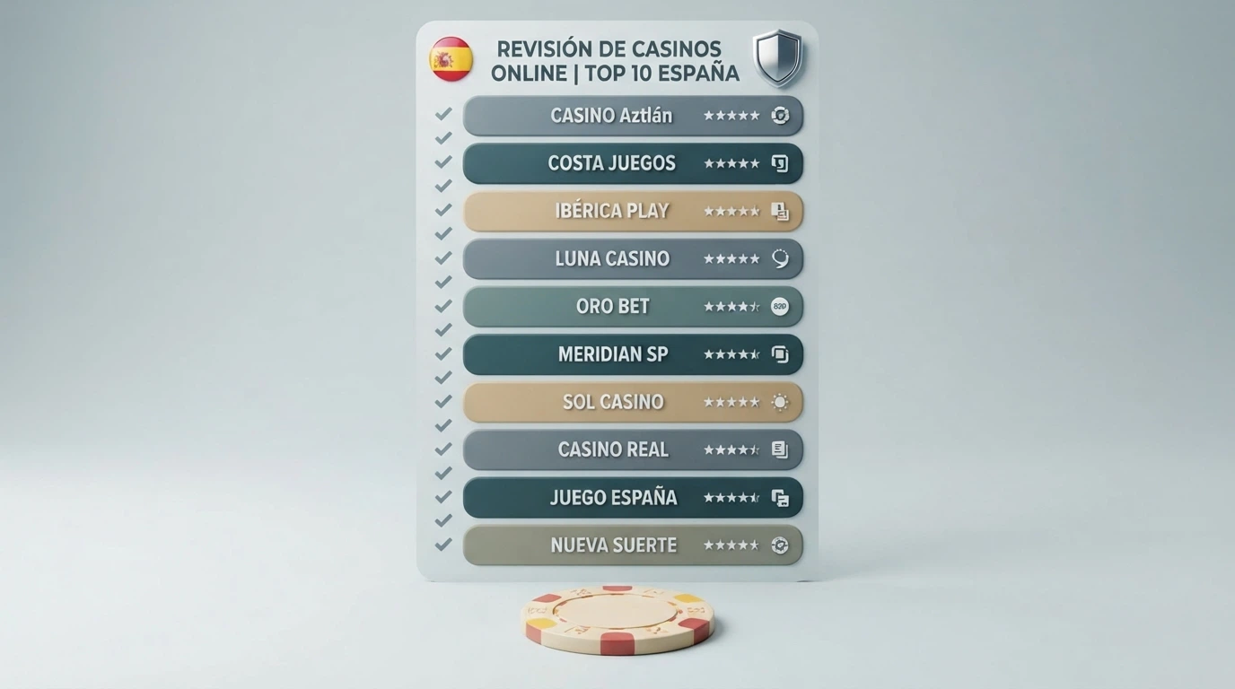 Una tabla estilizada con columnas que muestran nombres de casinos, cifras de bono y el distintivo del dominio .es, todo sobre un fondo limpio con la bandera de España sutilmente presente