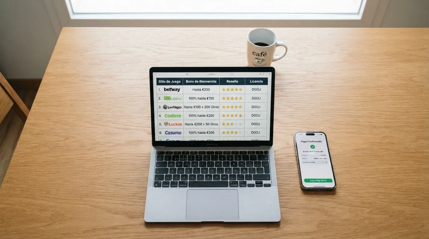 Vista cenital de una mesa con un portátil abierto mostrando una tabla comparativa de casinos, un móvil con el logo de CaixaBank Pay y una taza de café al lado