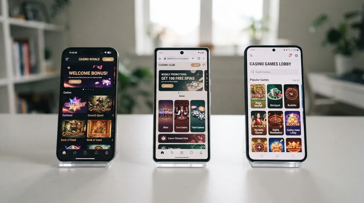 Varias pantallas de móvil alineadas mostrando las interfaces de distintas apps de casino con licencia .es, con las tragaperras como elemento común