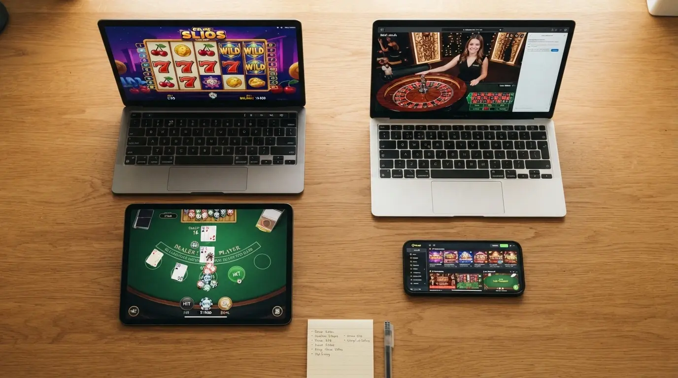 Vista cenital de una mesa con varios dispositivos mostrando distintos casinos online, como si alguien estuviera comparando operadores