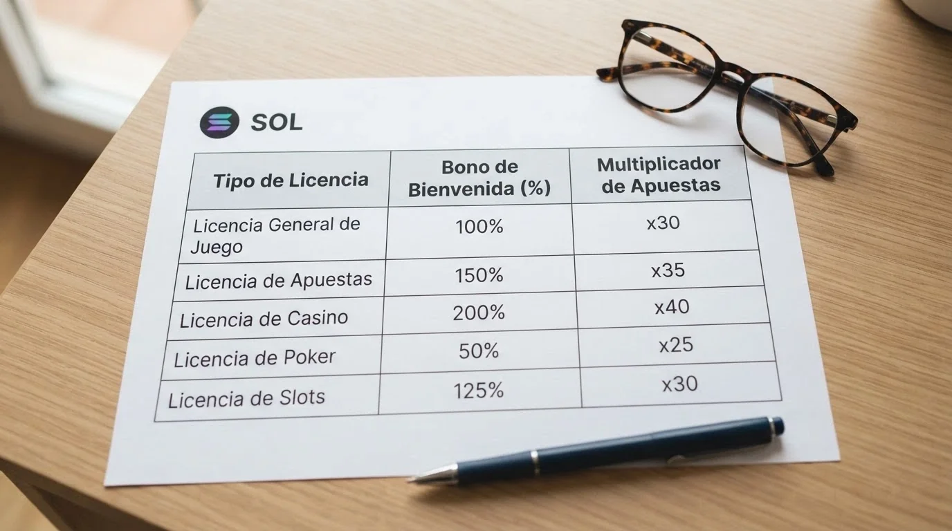 Fragmento de una tabla comparativa con nombres de casinos, columnas de licencia y bono, y el isotipo de Solana junto a la cabecera