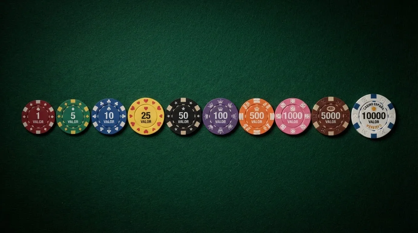 Mesa de comparación visual con fichas de casino de distinto tamaño representando la cantidad de tiradas gratis de cada operador, ordenadas de mayor a menor valor real