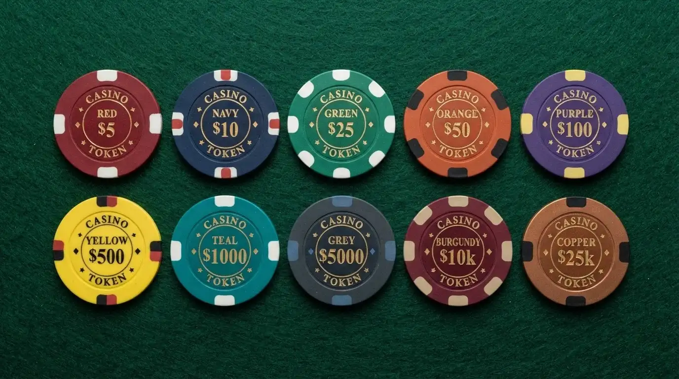 Una cuadrícula con diez fichas de casino alineadas, cada una con un color y un símbolo de criptomoneda distinto, como un tablero de selección