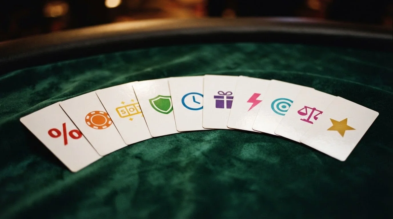 Diez cartas de casino boca arriba dispuestas en abanico, cada una con el nombre de un operador y un icono representando su oferta principal