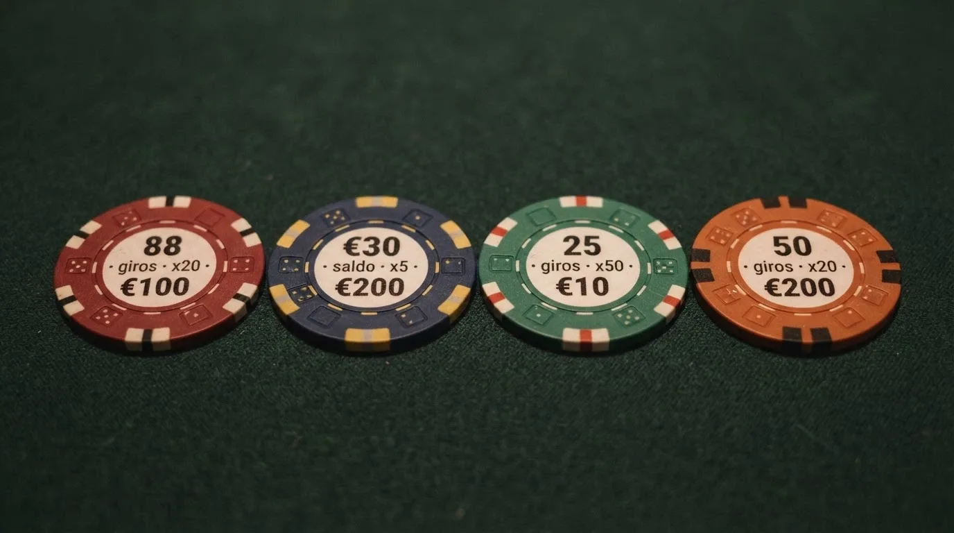 Varias fichas de casino dispuestas una al lado de otra, cada una con su número de giros gratis, rollover y ganancia máxima visibles