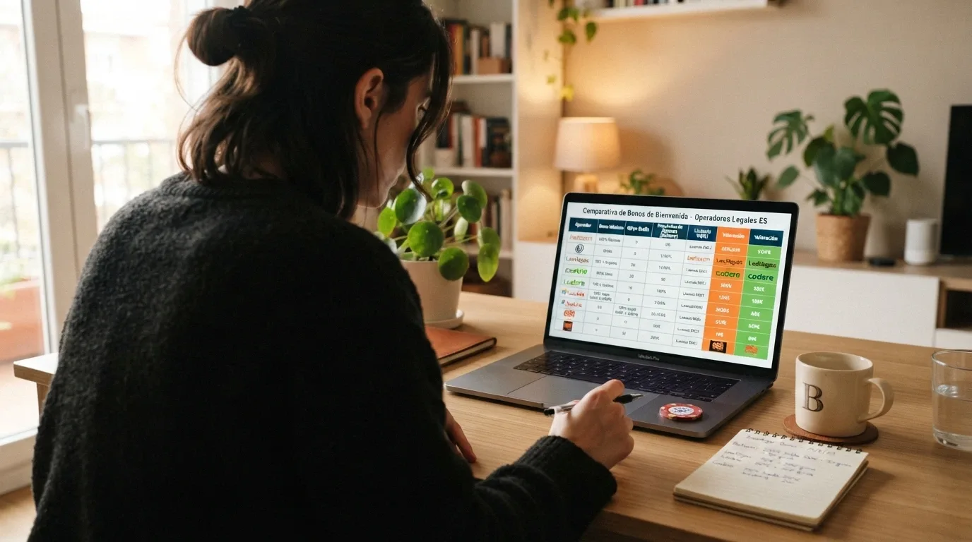 Tabla con los nombres, bonos, requisitos de apuesta y plazos de diez operadores de casino online con licencia DGOJ