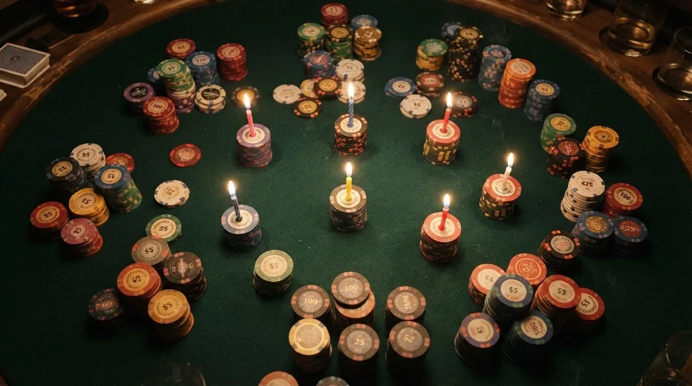 Una mesa de juego vista desde arriba con fichas de distintos colores; sobre cada ficha, el nombre de un operador con licencia DGOJ, y solo unas pocas fichas tienen una vela de cumpleaños encendida.