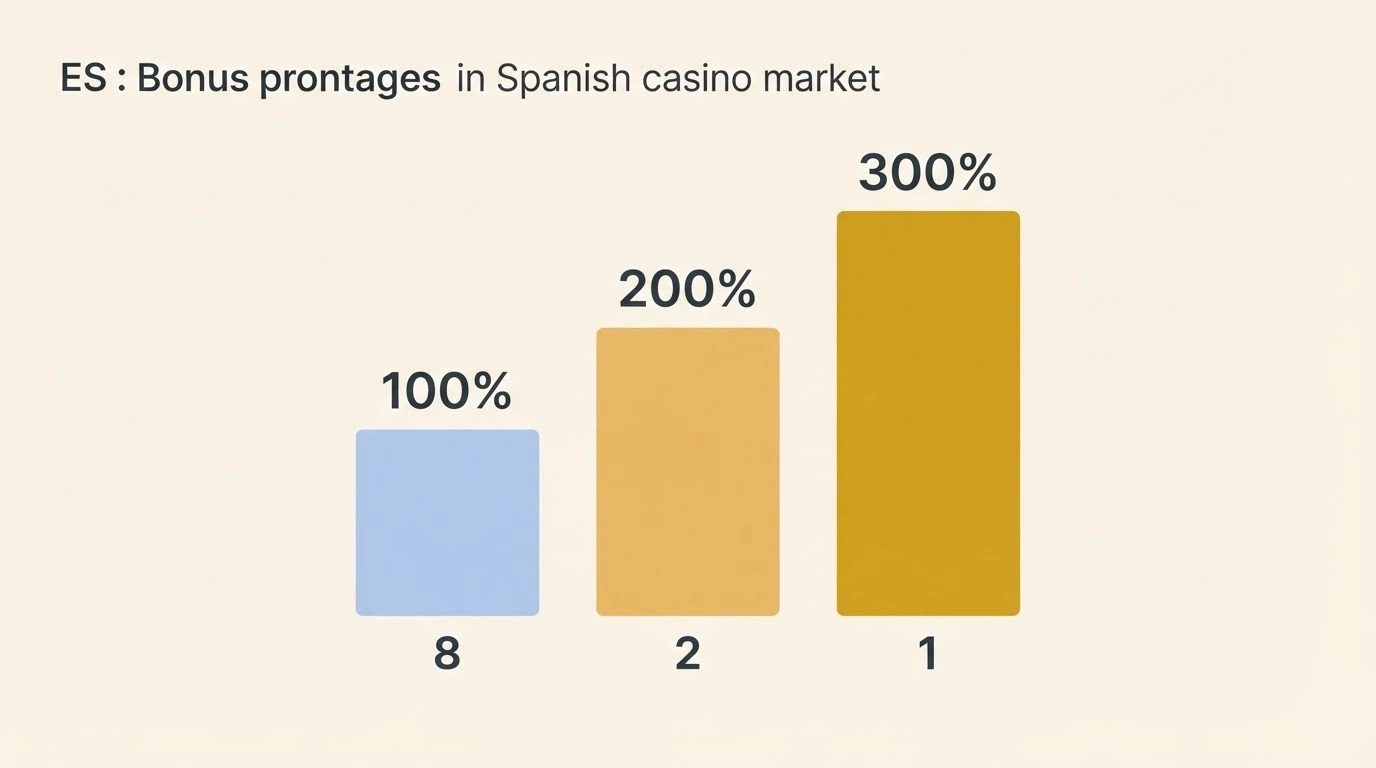 Una barra comparativa con porcentajes de bono (100%, 200%, 300%) y el número de operadores que ofrece cada uno en España